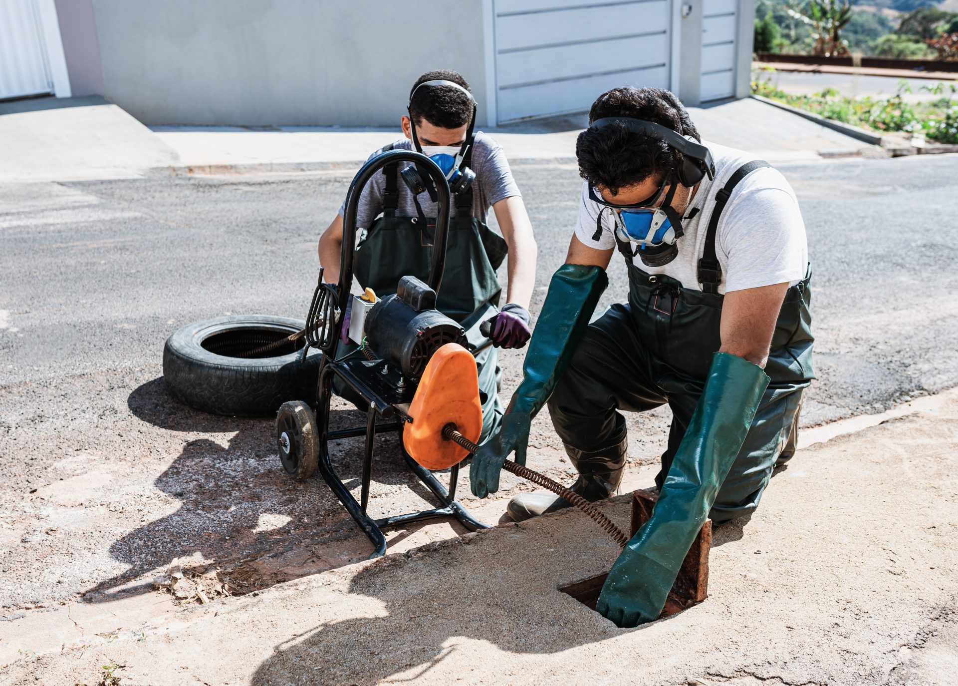 Two Workers Using Snake On Sewer Line