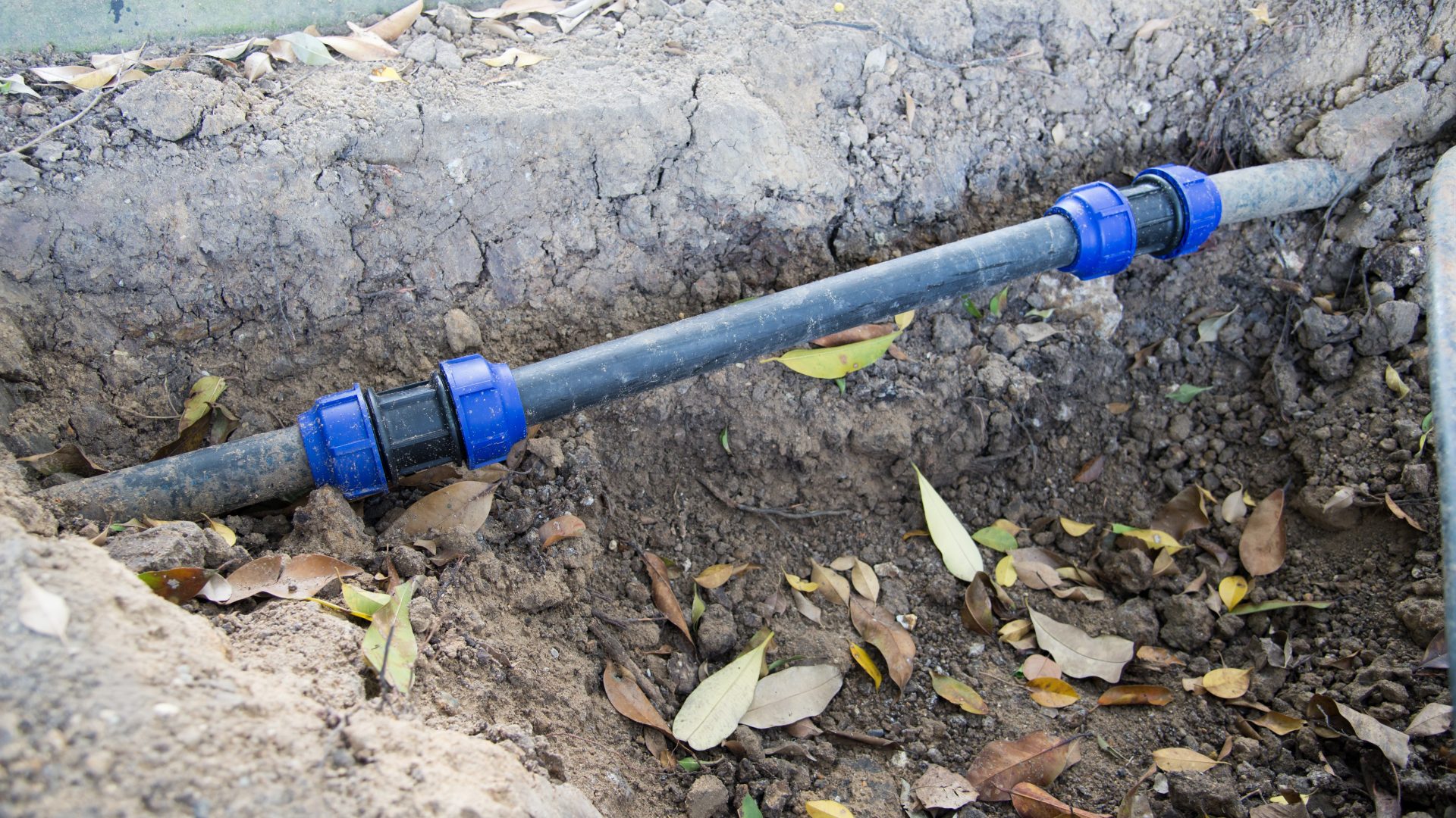 Black water line pipe dug up from underneath the ground