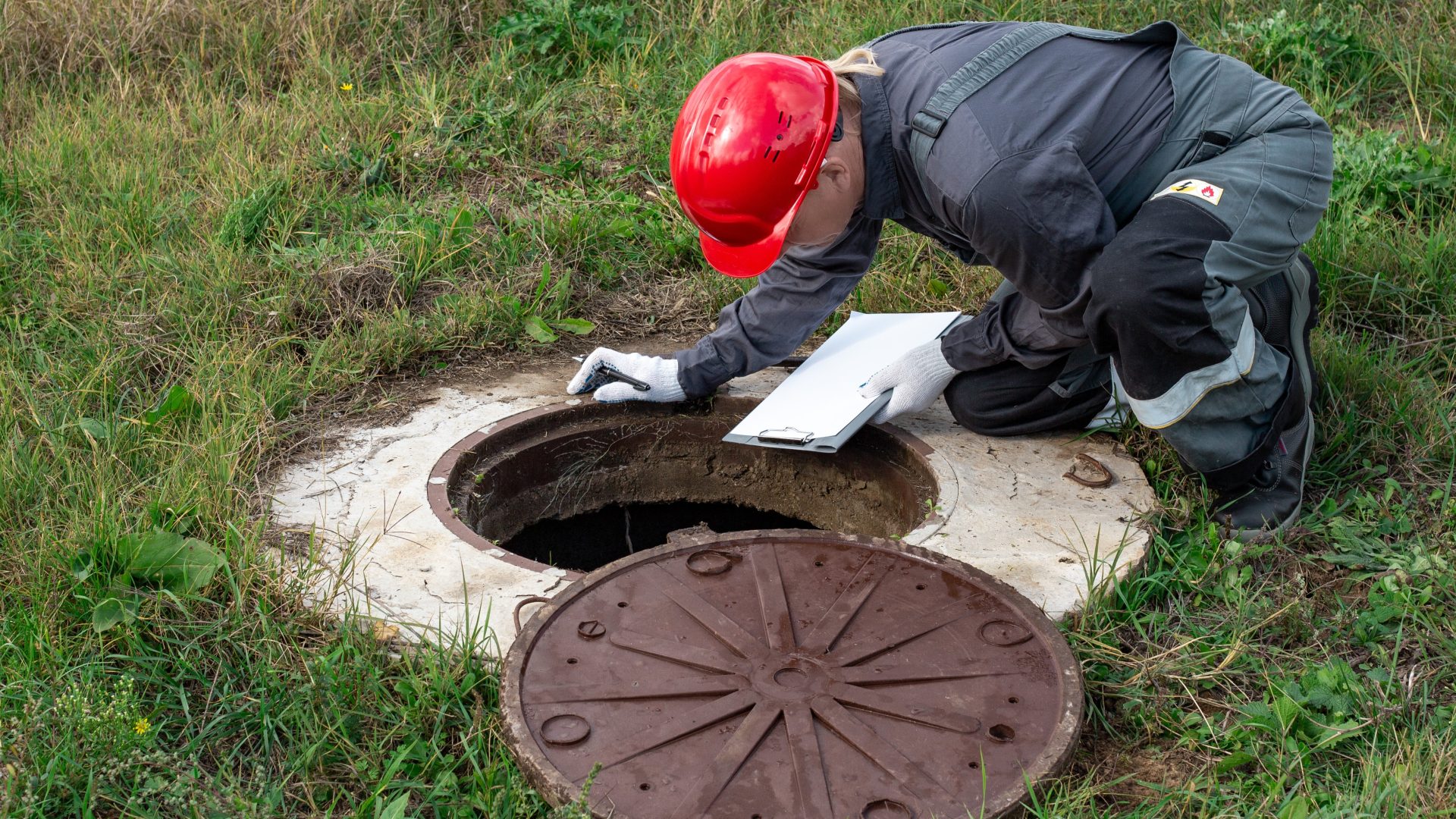 Plumber with red hard hat looking into open septic tank