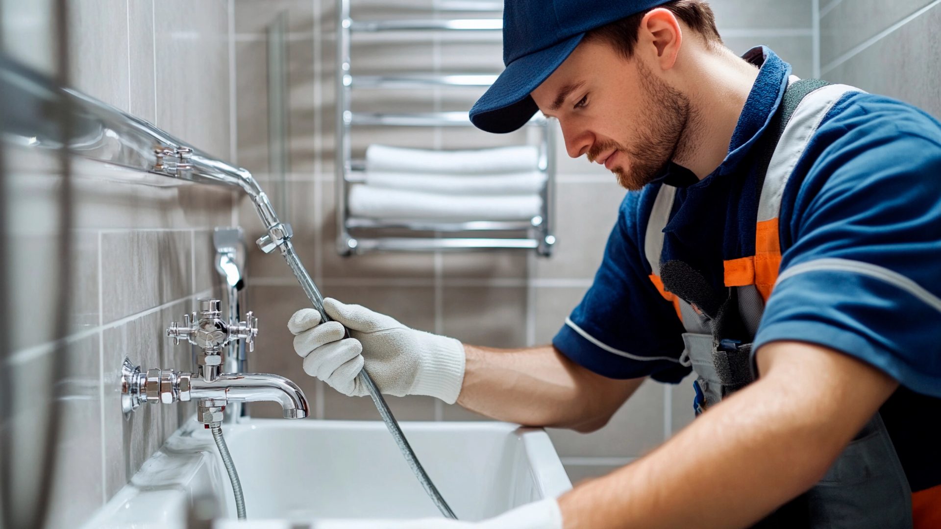 Plumber working on home sink drain with plumbing tools