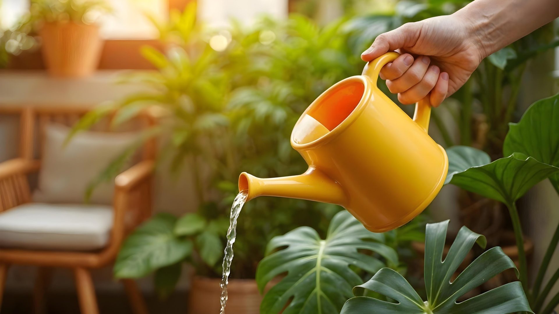 A person pours clean water from a yellow watering can