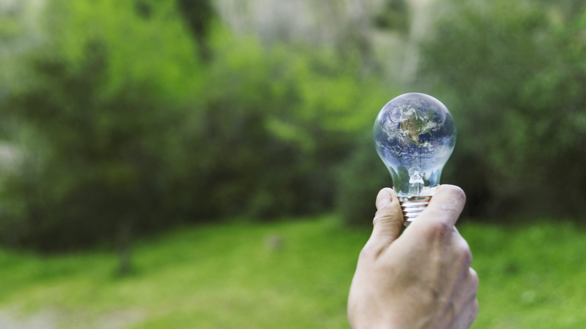 A person holds up a light bulb with the planet inside