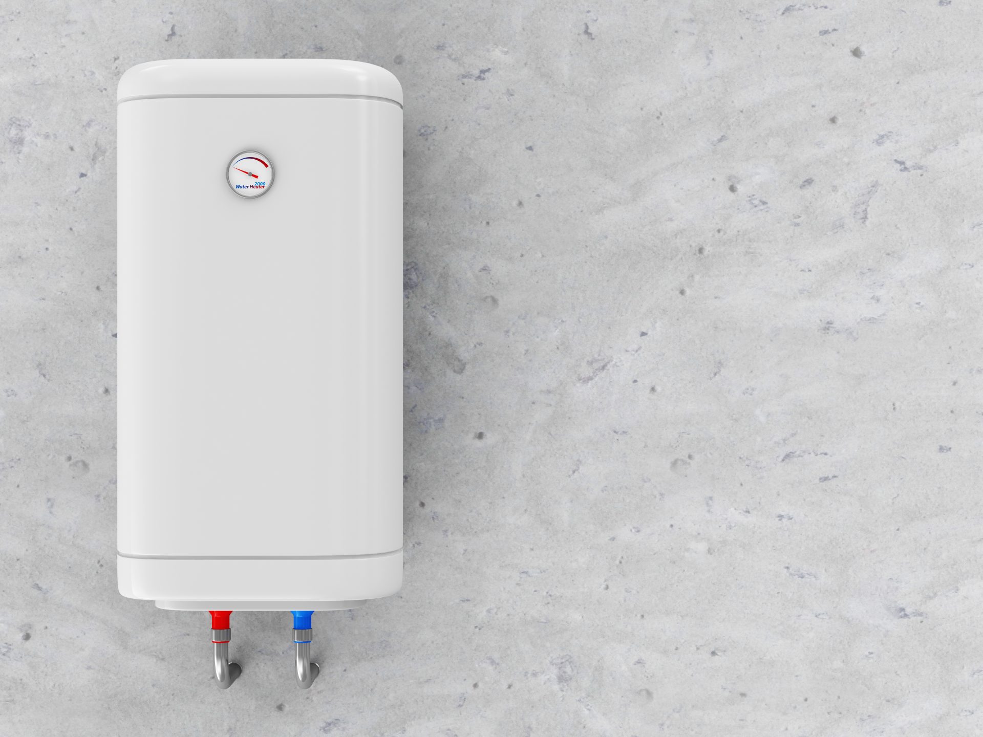 A modern water heater with a red wire and a blue wire at the bottom is suspended in front of a light grey textured background.