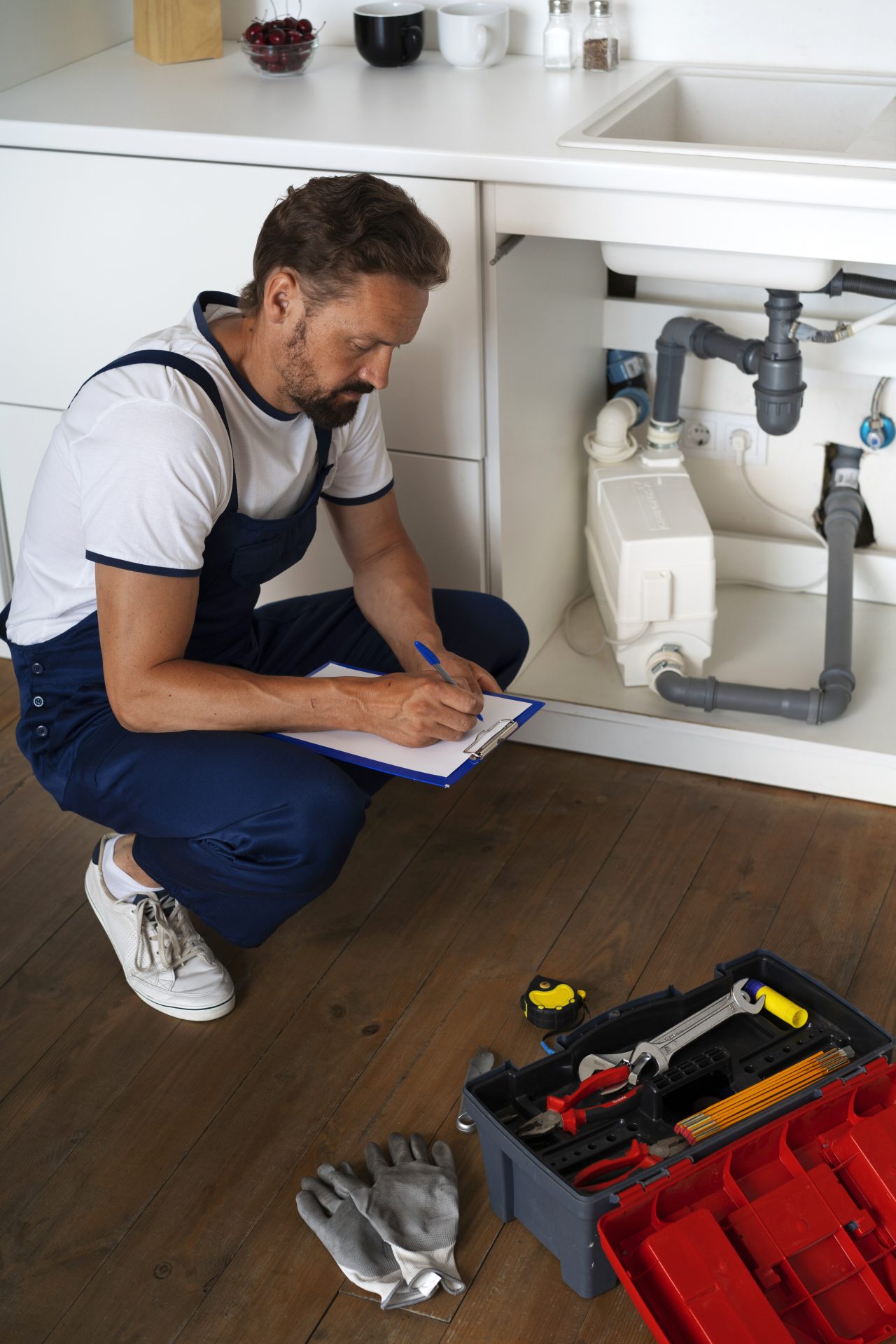 A bearded male plumber wearing a white shirt and blue overalls is kneeling next to a sink, his toolbox, and taking notes on the work project