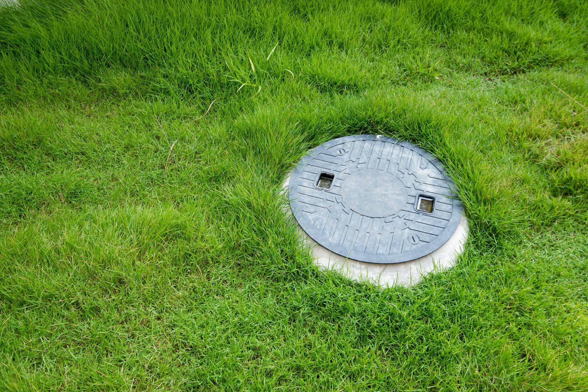 A black plastic septic system cleanout cover surrounded by green grass