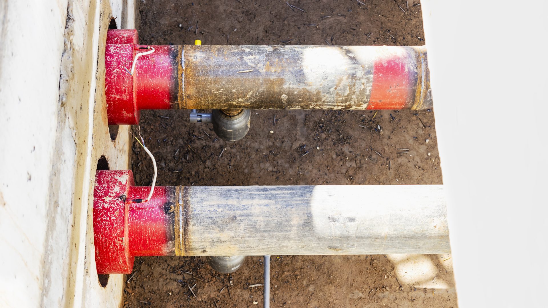 A view from above of two red and white sewer pipes jutting out of a concrete wall during a sewer system installation.