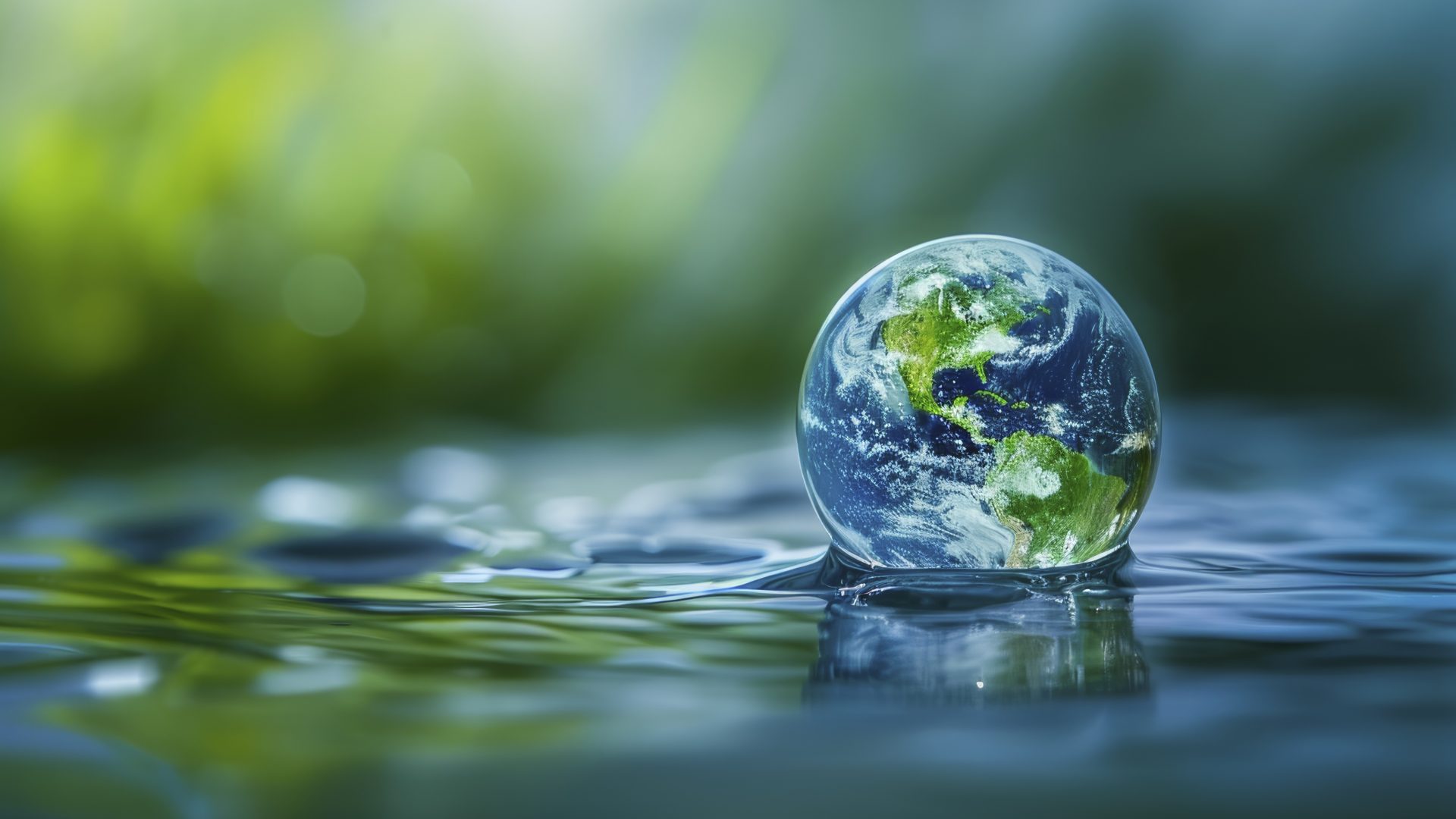 A water drop filled with the planet rests on a pool of clean water