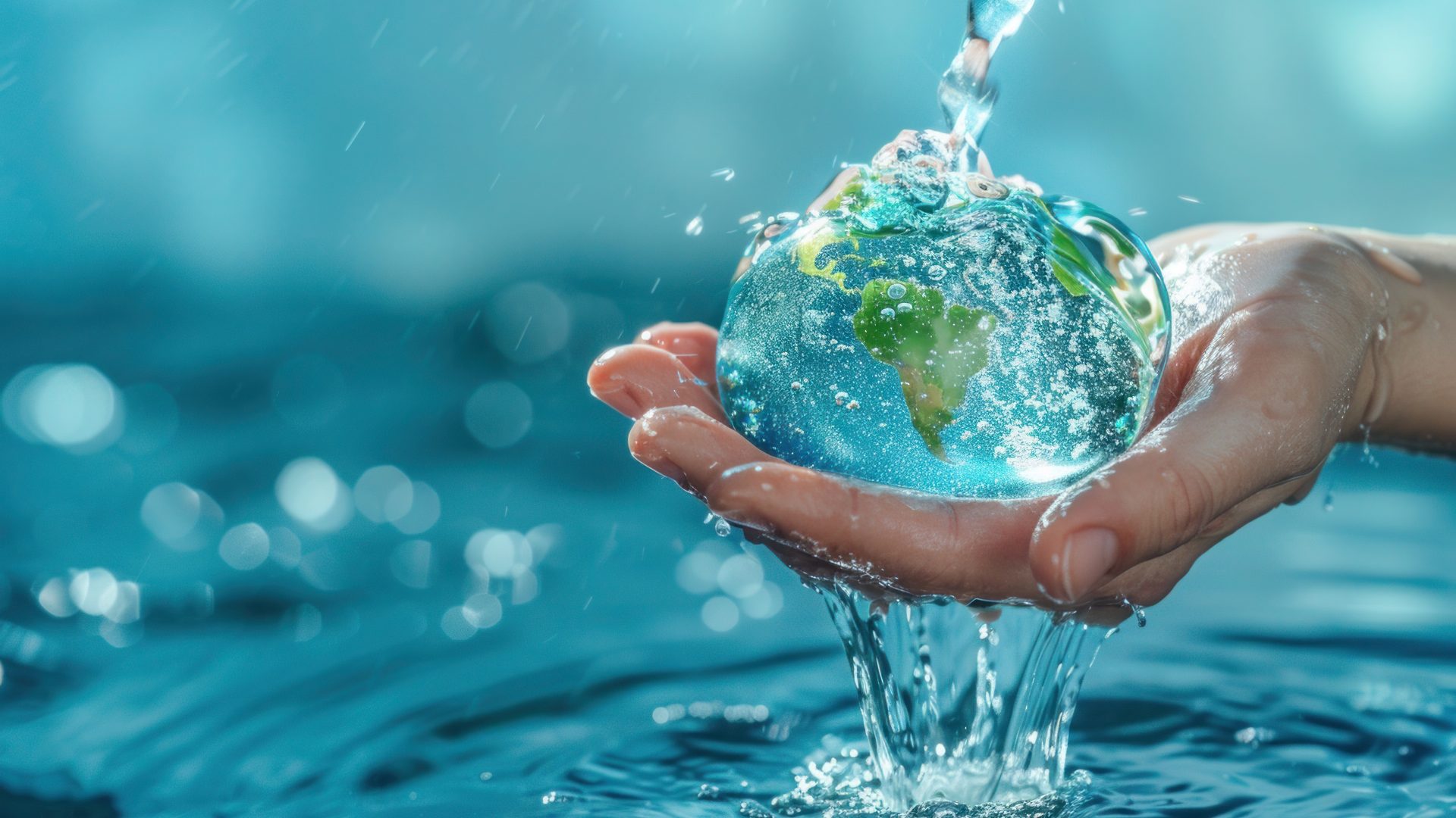 A hand holds a water drop that’s steadily filling with water