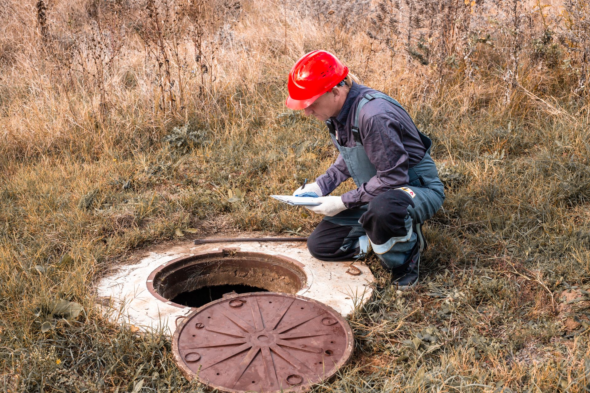 A male sewer technician wearing a red helmet is kneeling next to an open sewer cover and taking notes on what he sees.