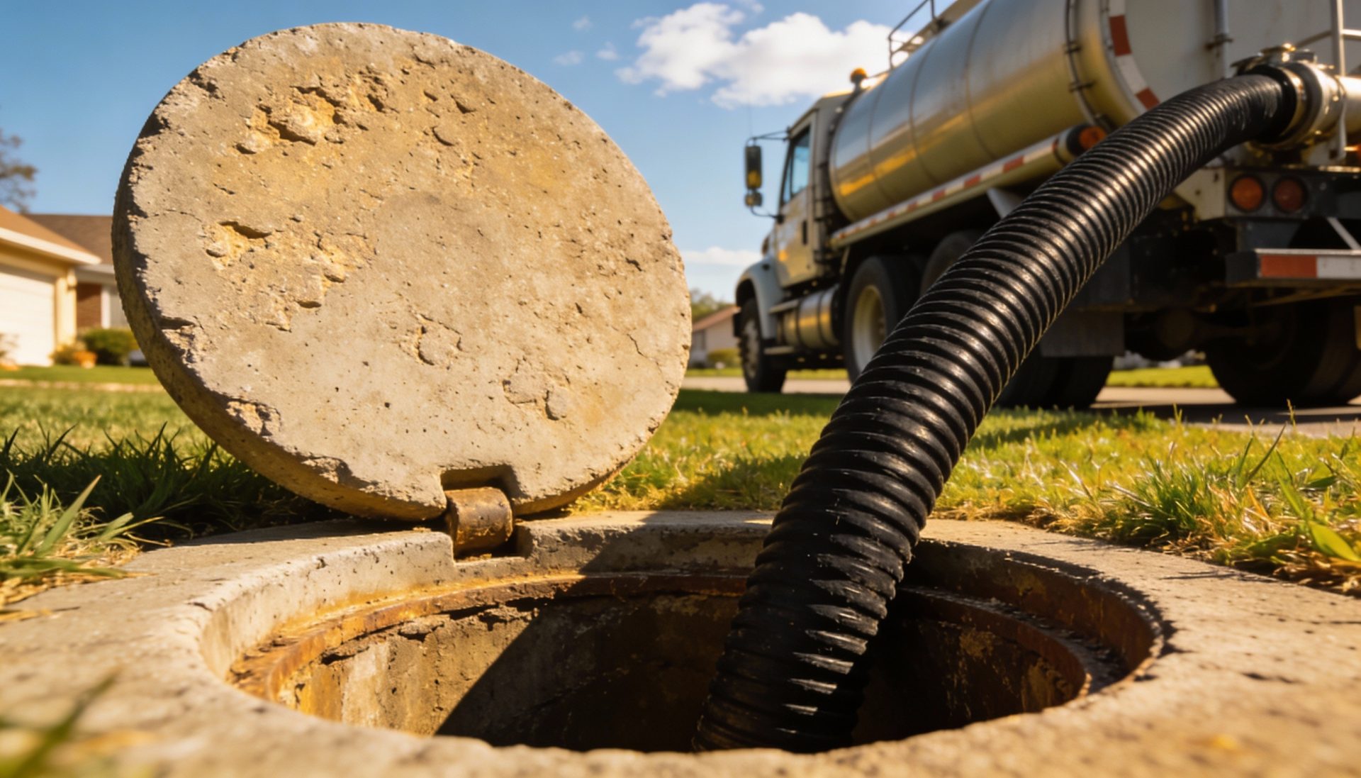 A septic tank with a black lid stands open while being pumped.