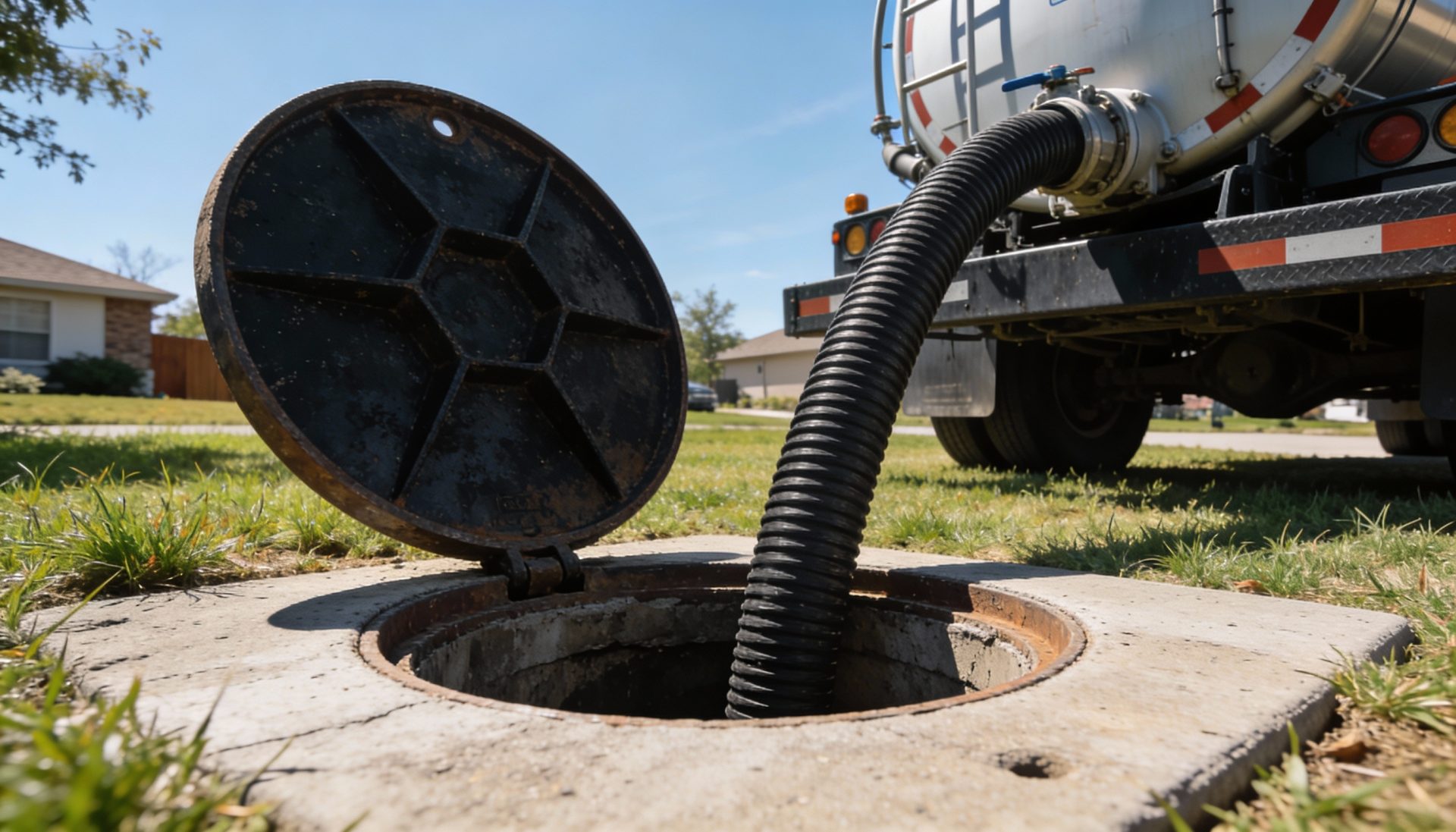 A septic tank with a black lid stands open while being pumped.