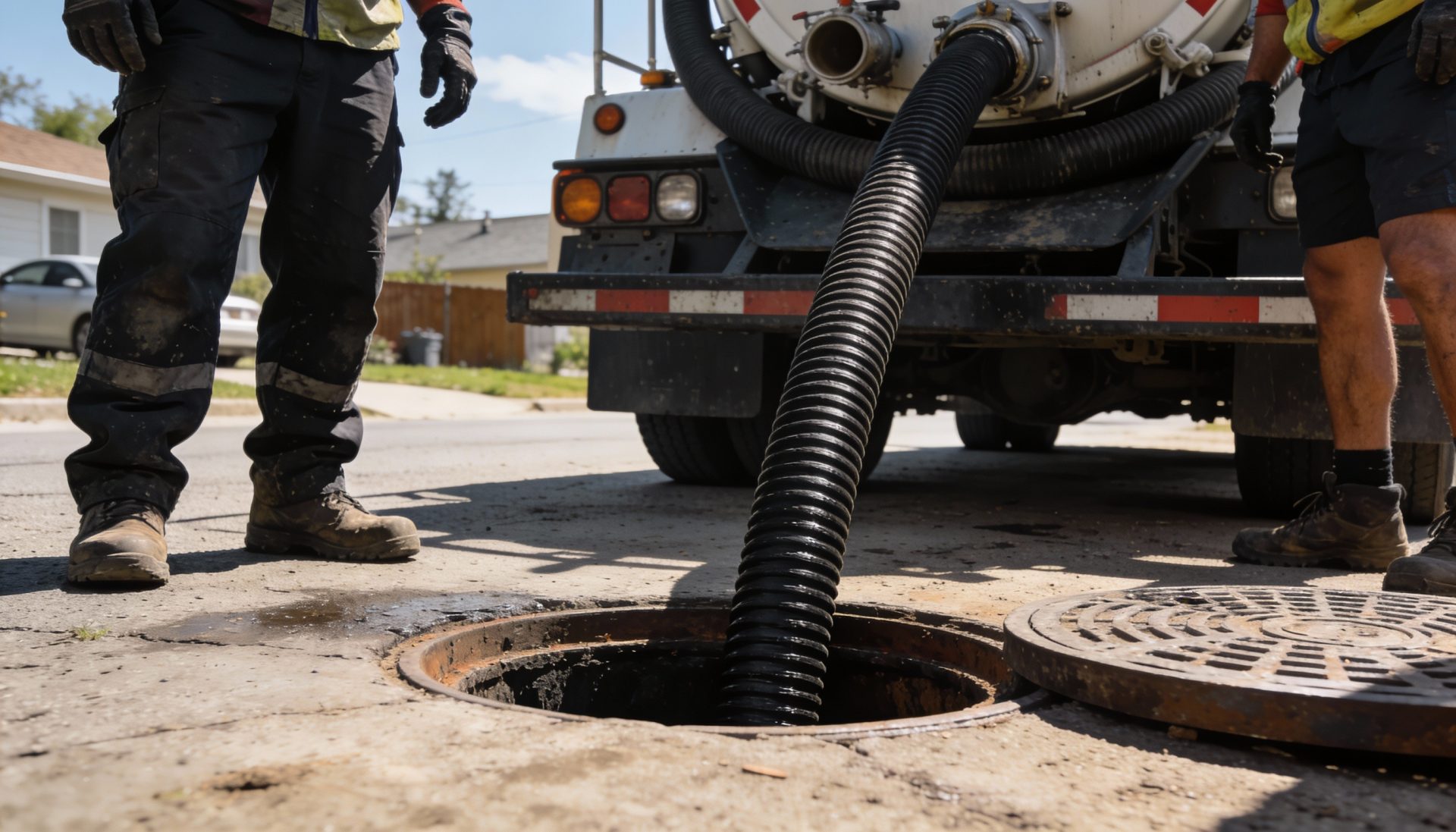 A technician stands next to an open septic tank while pumping.