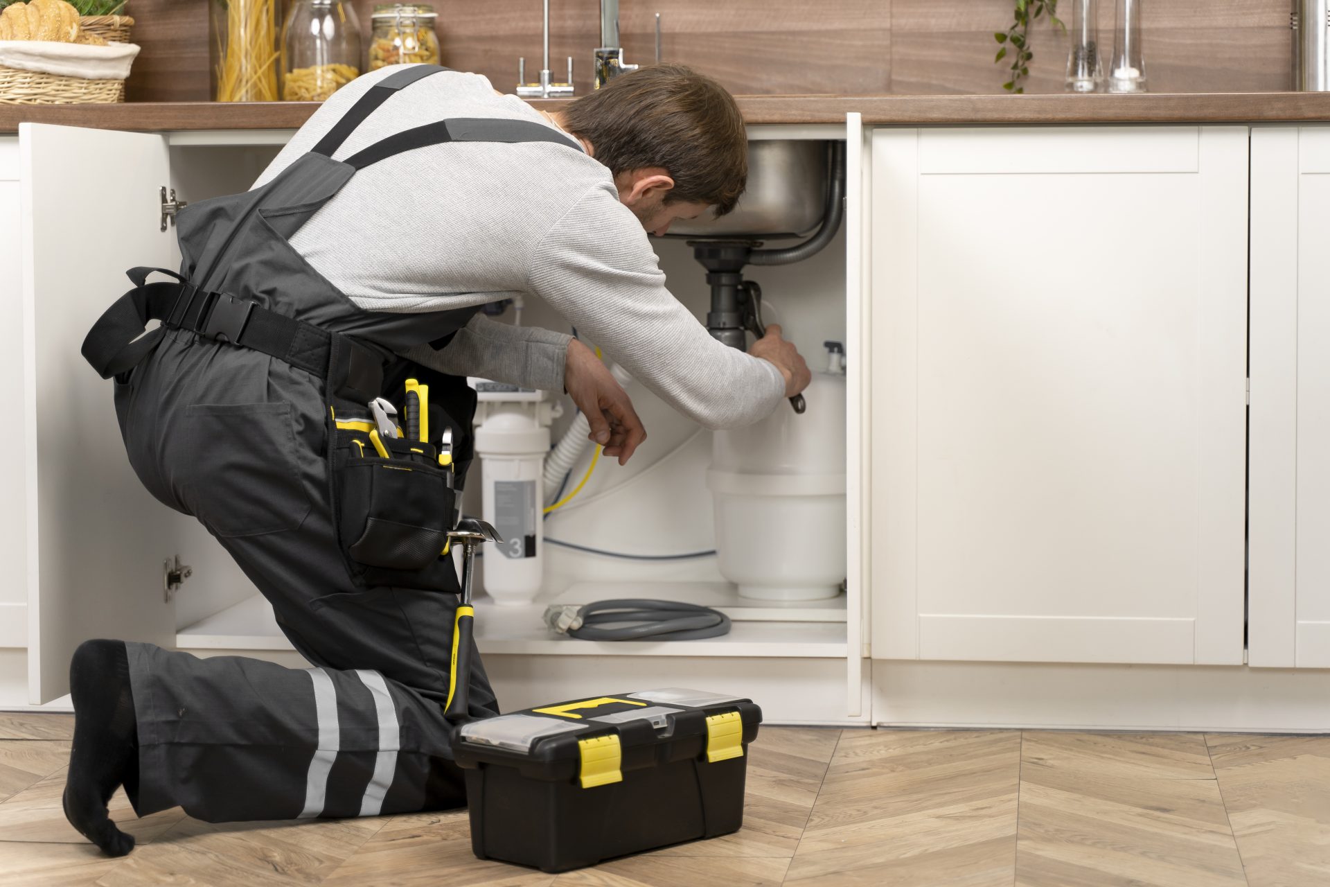 A plumber making repairs under a sink with large white cabinets.
