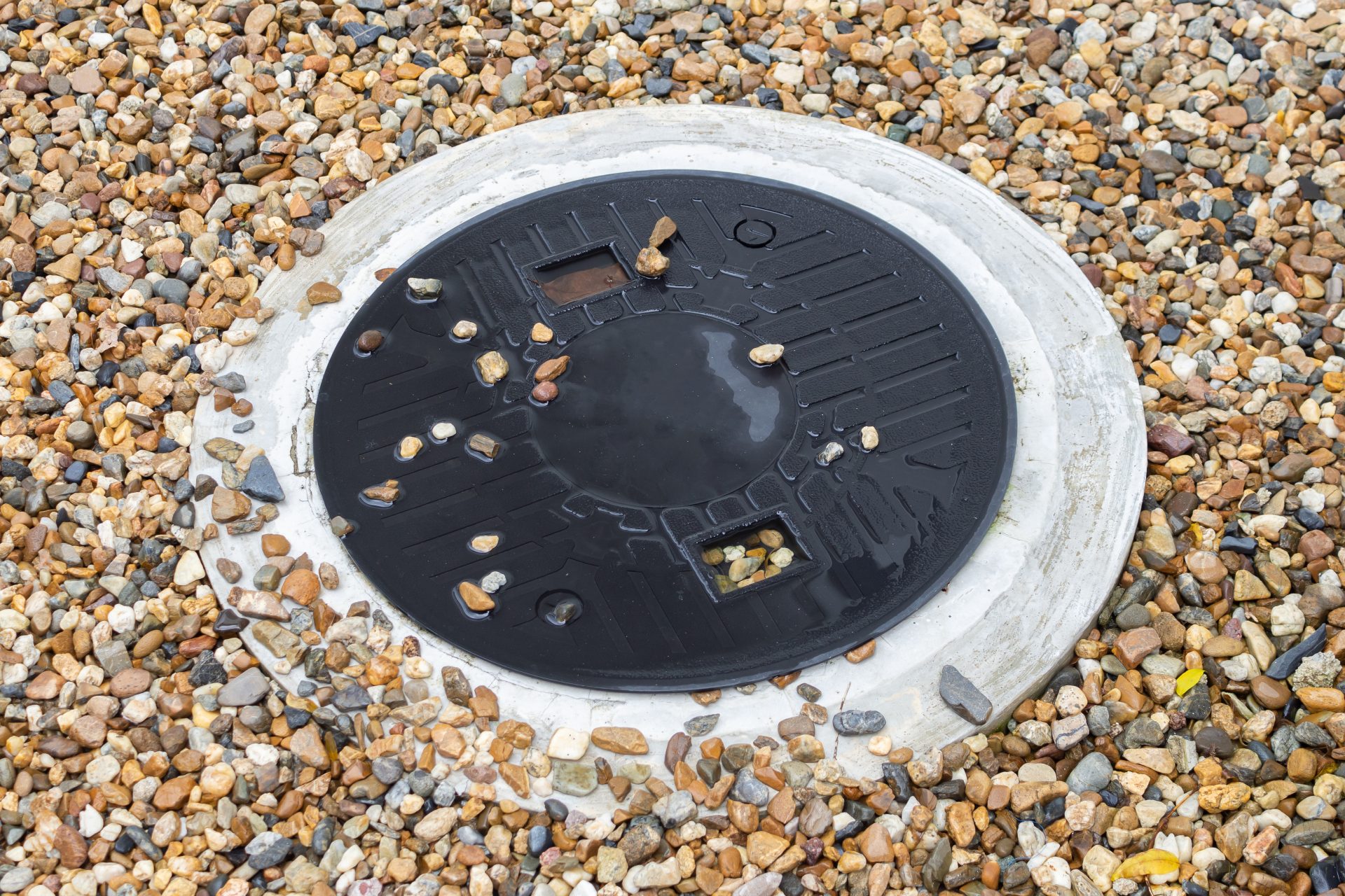 A thick, ribbed hose is inserted into the opening of an in-ground septic tank. The ground around the opening is sandy, with some green plants, and the cover for the tank is placed just beside it.
