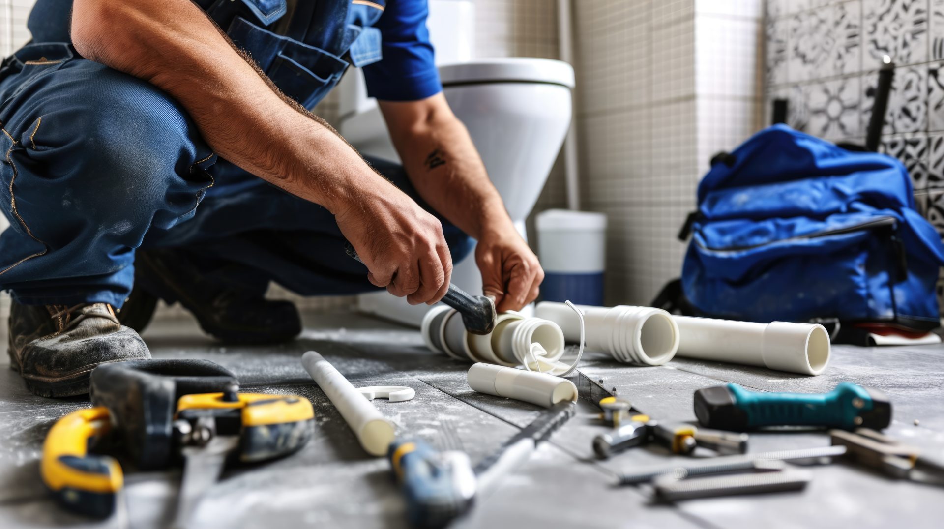 A man wearing blue crouches on the floor of a bathroom. There are various plumbing tools and parts spread out on the floor in front of him, including pipes, a saw, and a blue tool bag.