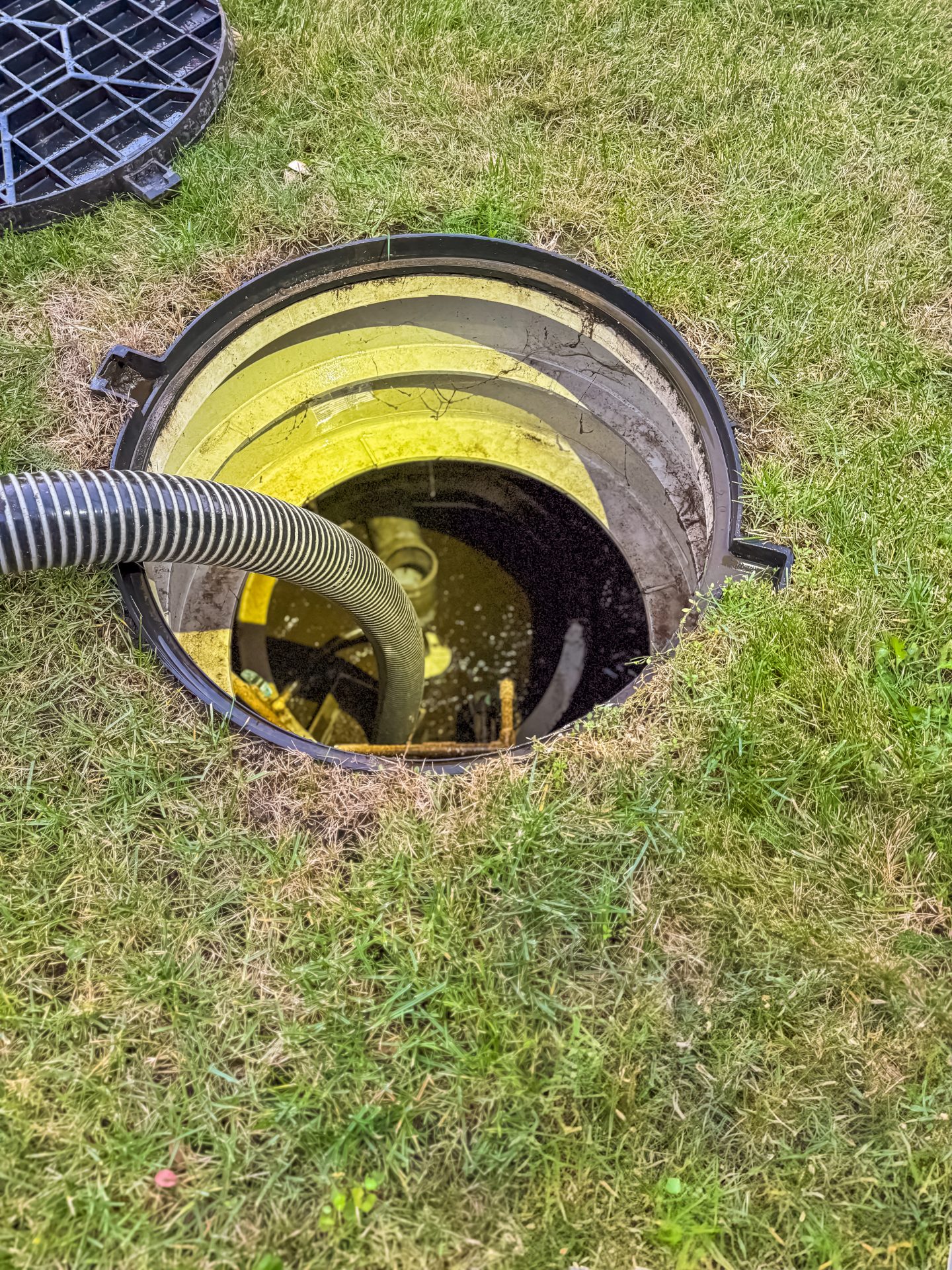 A plastic cover has been removed so a black hose can be inserted into the access port of a septic tank. There is liquid visible inside the tank, as well as dirty white piping. The opening is surrounded by green grass.