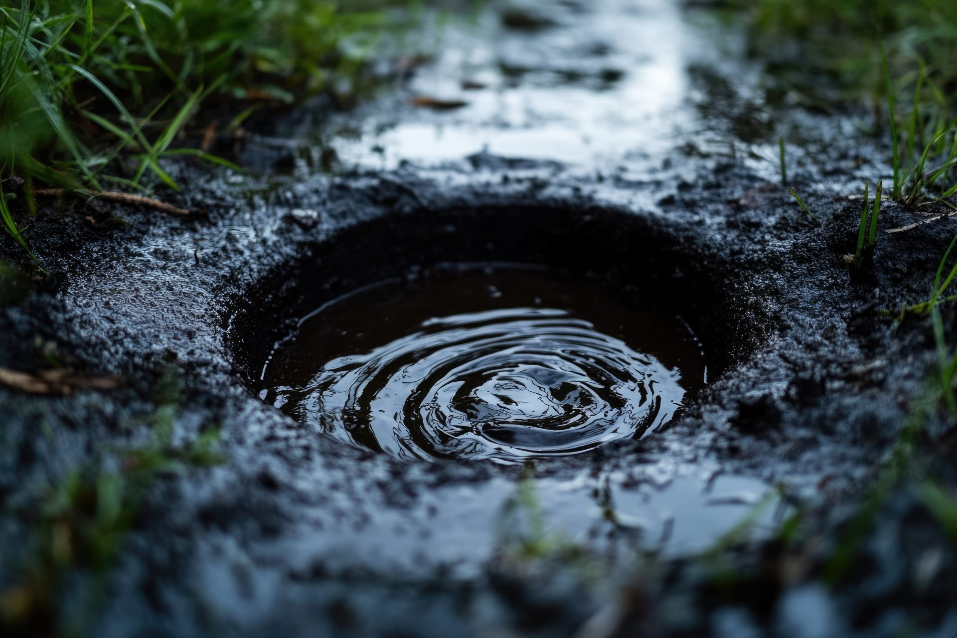 Standing water pools in a muddy lawn depression, signaling system failure that often requires a professional septic tank replacement.
